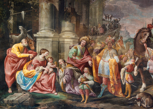 Crema - The detail of fresco of Three Magi in the church Santuario di Santa Maria delle Grazie by Gian Giacomo Barbelli (1643).
