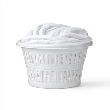 A minimalist laundry basket sits isolated on a crisp white background. This photorealistic 3D render features clean studio lighting, highlighting its sleek texture and modern functional design.