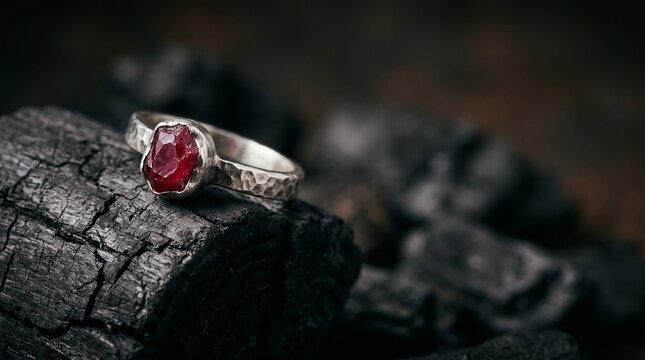 Hammered silver ring with a raw red ruby gemstone resting on black charcoal