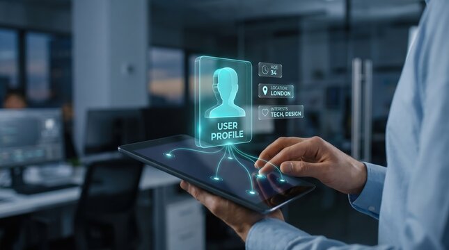 Futuristic User Profile and Customer Data Management Concept: Close-Up of Person Interacting with Tablet and Holographic Data Points in Corporate Setting