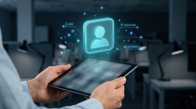Futuristic User Profile and Customer Data Management Concept: Close-Up of Person Interacting with Tablet and Holographic Data Points in Corporate Setting