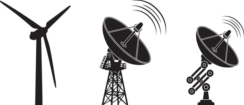 Wind turbine and satellite communication antennas collection, renewable energy and wireless technology vector illustration isolated on gray background