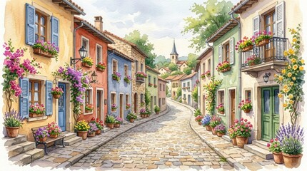 Fototapeta premium Watercolor painting of European village street with flowers and colorful buildings.