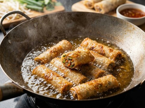 Crispy Egg Rolls Frying in Hot Oil in Wok