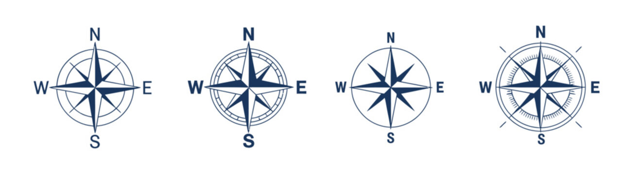 Compass icon set with wind rose symbols for navigation and travel vector illustration design.