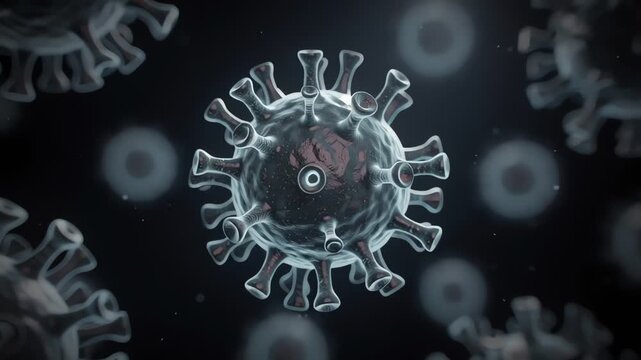 Microscopic 3D animation of hantavirus cells floating in dark environment with visible spike proteins representing viral infection and pandemic concept