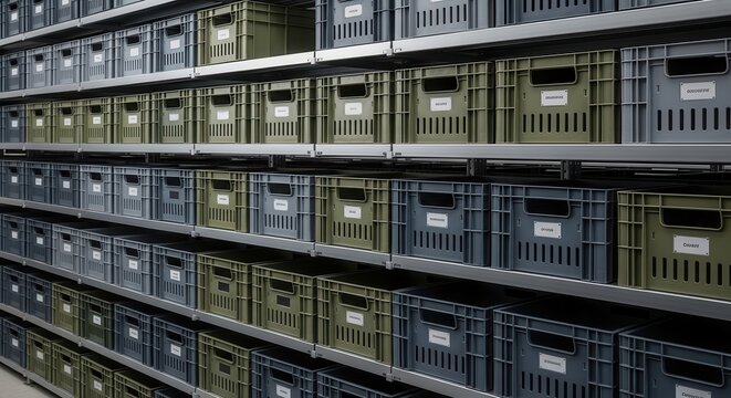 Neatly stacked uniform plastic archive crates on industrial shelving in a warehouse environment