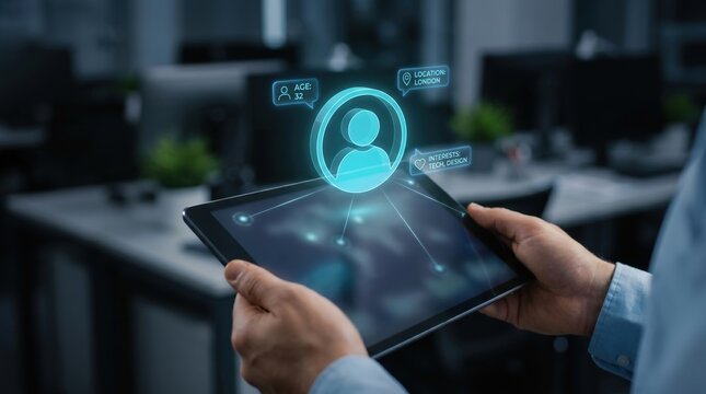Futuristic User Profile and Customer Data Management Concept: Close-Up of Person Interacting with Tablet and Holographic Data Points in Corporate Setting