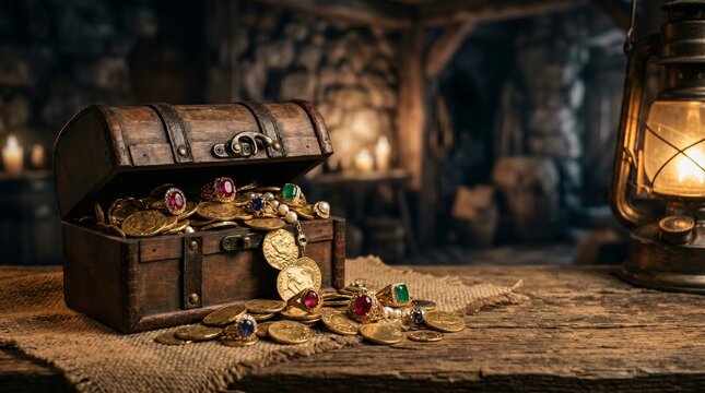 Open wooden treasure chest with gold coins and gemstones in a dark cave