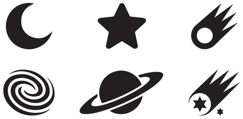 Cosmic vector icon set featuring moon, star, comet, galaxy, saturn, and shooting star. © MdSamsul