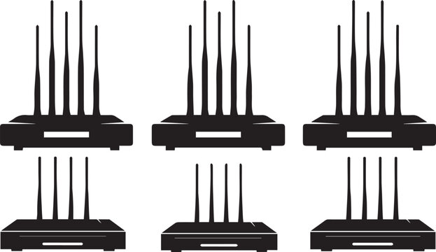 Wireless router silhouette vector set, WiFi internet modem icons with antenna collection, black networking device illustration for technology communication design