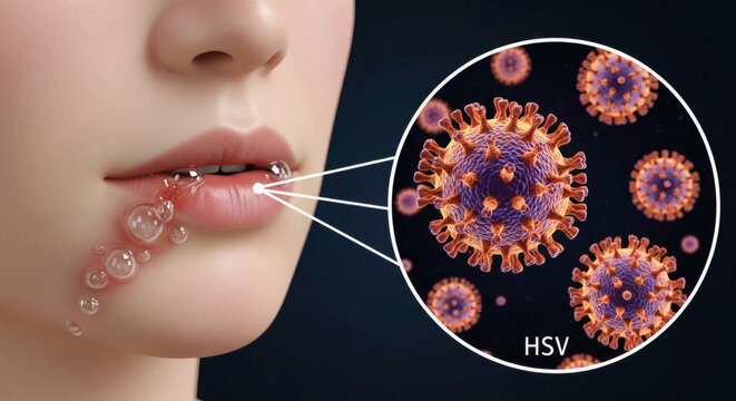 Herpes simplex virus HSV infection on human lips medical illustration