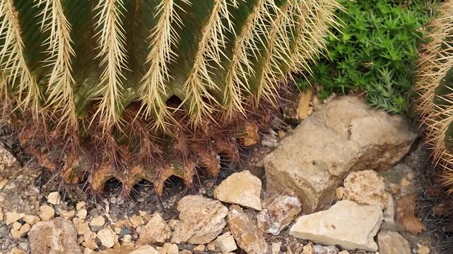 Close up of a cactus with pan mode on a sunny day turning around in a circle.