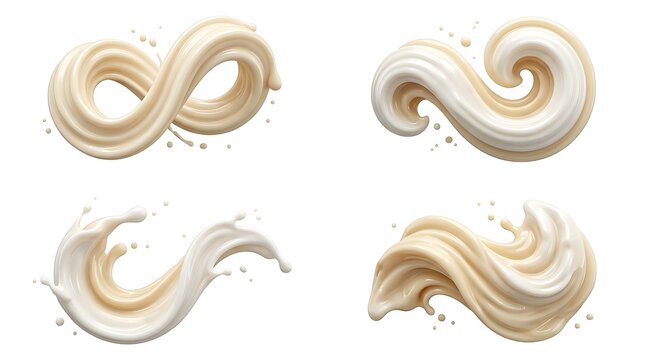 Four abstract swirls of creamy white liquid splashes and waves isolated on white background.