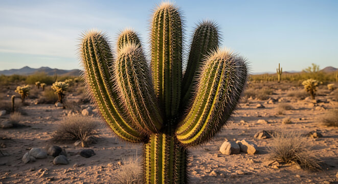 Tall saguaro cactus plant in desert landscape on transparent background high quality
