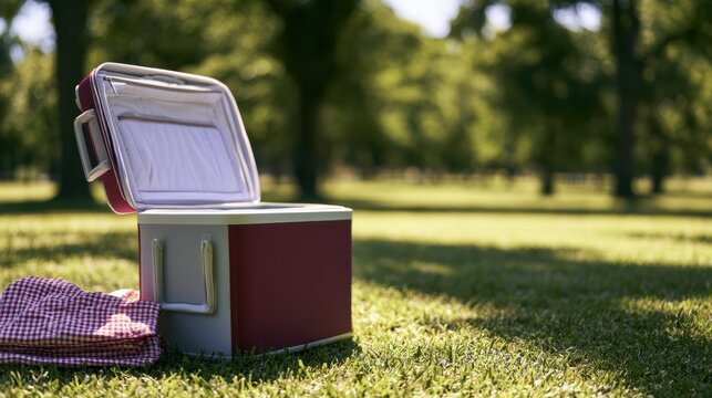 Soft cooler with gingham pattern on park lawn background