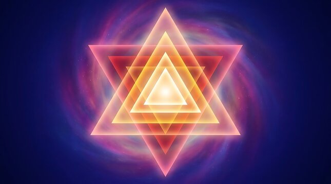 Glowing layered triangles radiating light against cosmic background abstract geometric