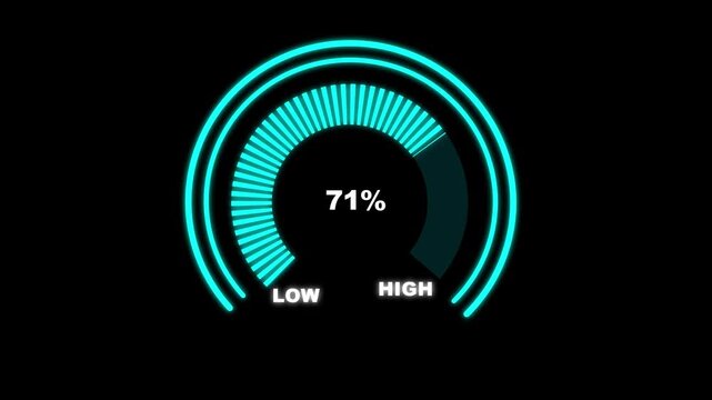 Glowing digital gauges move from high overload to safe low levels, presentation template, moving colorful needle, warning message, risk assessment icon from 100 to 0. tension indicator