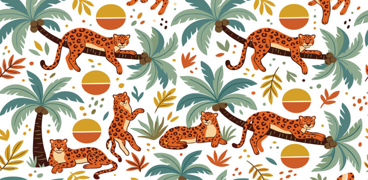 Artistic Tropical Pattern Featuring Leopards Resting on Palm Trees with Sunset Circles and Exotic Jungle Leaves for Modern Home Decor and Textile Designs
