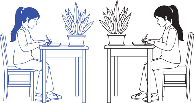 Young girl studying and writing at desk with indoor plants, educational learning vector illustration in outline silhouette style isolated background