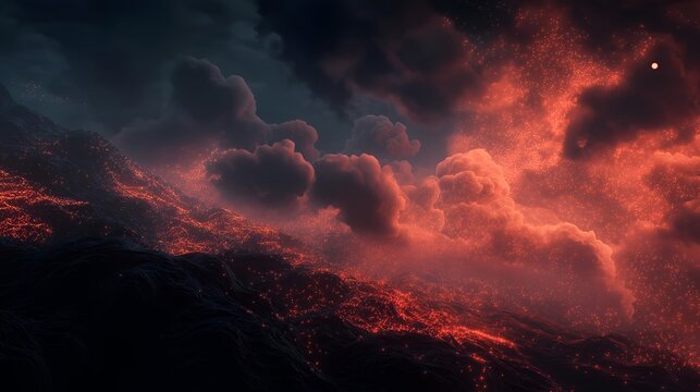 A breathtaking view of dramatic red clouds blending into dark skies, creating an otherworldly atmosphere over a terrestrial landscape.