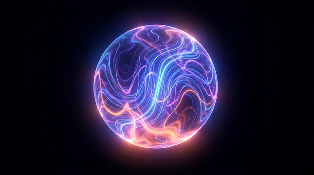Glowing sphere with swirling blue and pink energy on black abstract light