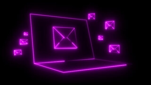 neon message icon animation with black background. message icon concept. Glowing email icon on a laptop screen. Message mail box..