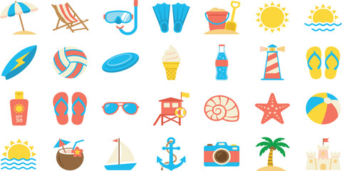 Colorful Summer Beach Activity Icon Set Featuring Snorkeling Gear, Lifeguard Tower, Sandcastle, Surfboard, and Coastal Vacation Elements for Travel and Leisure Designs © MdSirazul