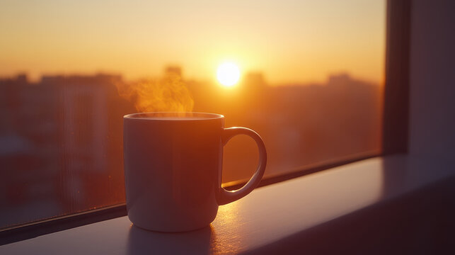 Steaming orange coffee mug on a windowsill against a beautiful winter sunrise landscape.