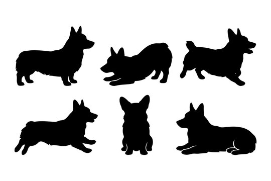 Silhouettes of welsh corgi dogs in various poses.