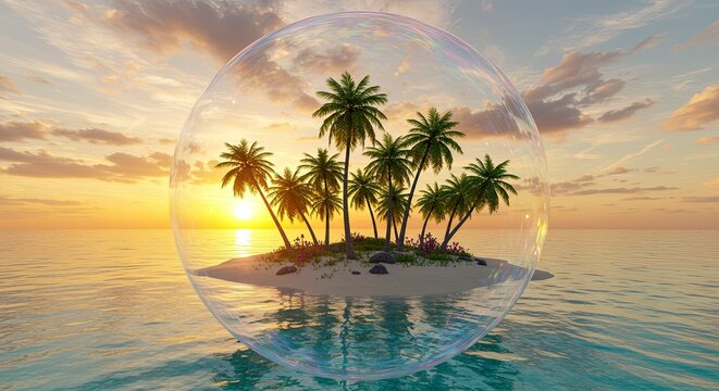 Sc&egrave;ne d'&icirc;le tropicale &agrave; l'int&eacute;rieur d'une bulle transparente au coucher du soleil se refl&eacute;tant dans l'eau
