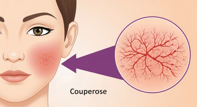 Couperose skin condition illustration on female face with capillaries