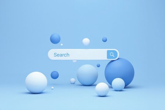 blue and white spheres with search button on them