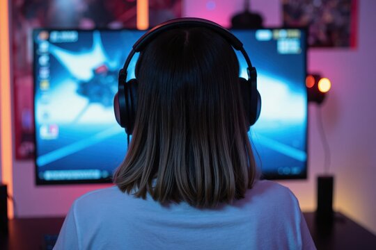 a woman wearing headphones and playing video games