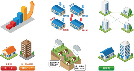 Fototapeta premium Business Growth and Real Estate Development Vector Icons Featuring Buildings, Infrastructure, Market Trends, and Environmental Impact