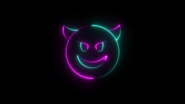 glowing neon devil icon animation . glowing neon demon emoticon. devil with grin face ,mockery emoticon ,cute demon