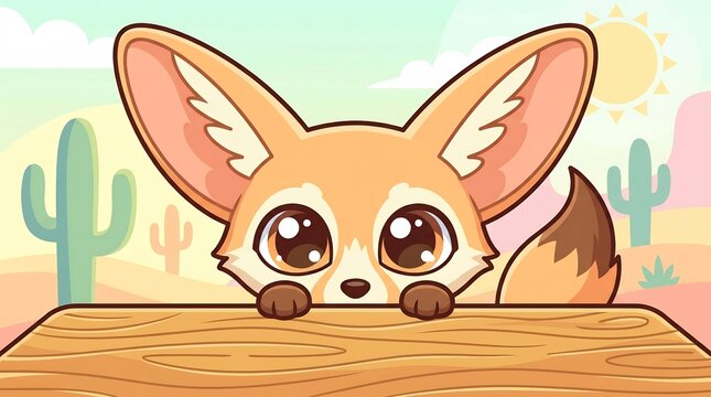Cute cartoon fennec fox desert scene.