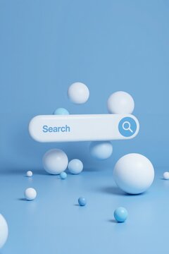 search button on blue background with white spheres