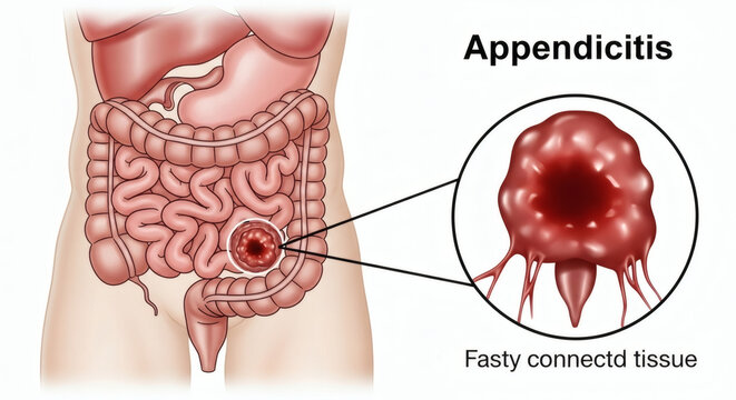 Human anatomy medical illustration showing appendicitis inflammation