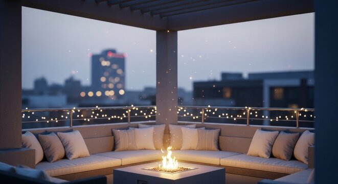 Terrasse confortable sur le toit avec foyer au cr&eacute;puscule, avec les lumi&egrave;res de la ville en arri&egrave;re-plan
