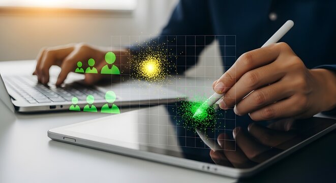 Business teamwork and digital collaboration with laptop, tablet, and virtual user network interface