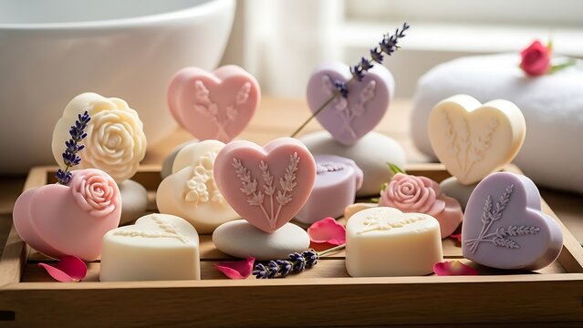 Assortment of pastel heart-shaped bath bombs and soaps with lavender and roses in wooden tray, cute and feminine spa aesthetic, soft warm lighting