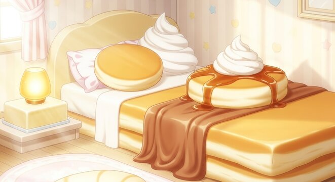 De d&eacute;licieuses cr&ecirc;pes dessert avec de la cr&egrave;me fouett&eacute;e, servies sur un lit dans une lumi&egrave;re tamis&eacute;e.