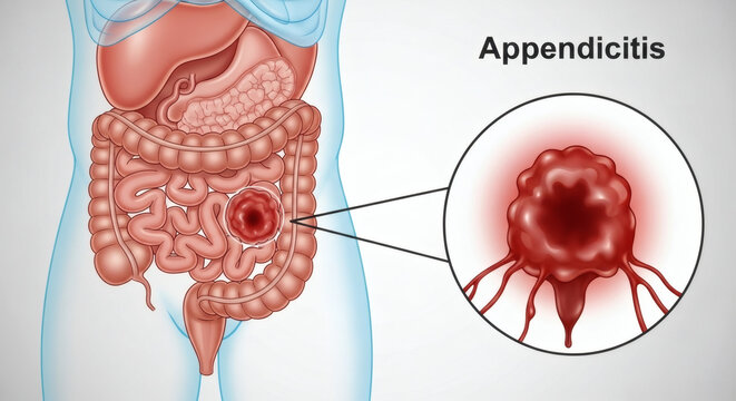 Anatomical medical illustration of appendicitis in human abdomen