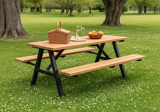Outdoor Picnic Table Set In Green Park Area
