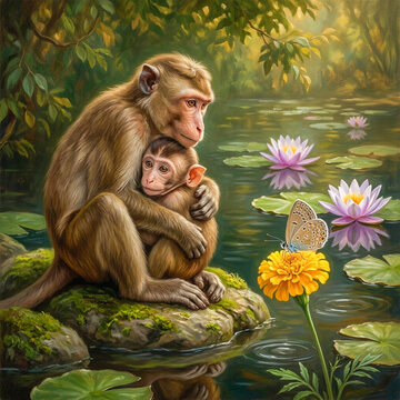 Mother Monkey Holding Baby on Mossy Rock with Lotus and Butterfly