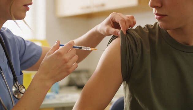 Preparing nurse in blue scrubs injecting patient in olive tee at clinic with syringe near deltoid
