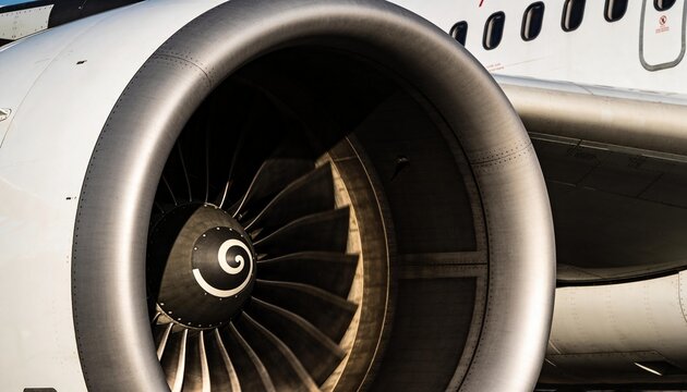 Showing turbofan engine intake revealing multi-bladed fan, spiral spinner, nacelle rivets on tarmac