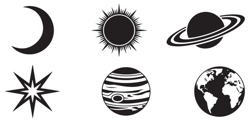 Celestial body icon set featuring moon, sun, saturn, stars, jupiter, and earth. © MdSamsul