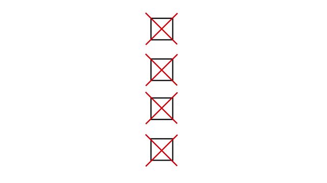 four Bullet point multiple choice checklist presentation boxes with thin animated hand drawn crosses on a plain simple white background rejection, evaluation, or form 4K suggesting animation